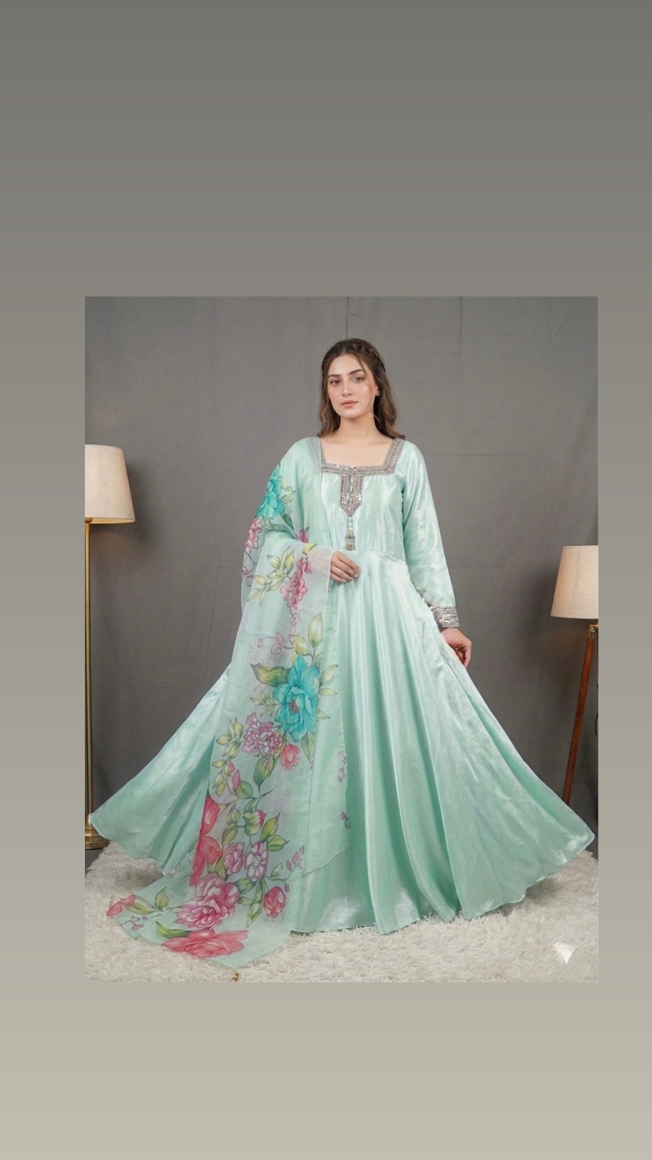 Raw silk frock with prined organza dubatta