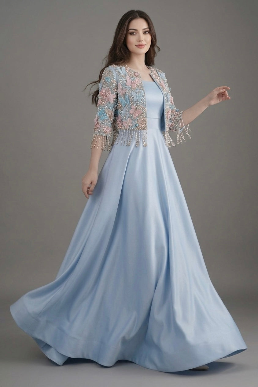 3d embroiderd jacket with raw silk maxi