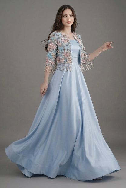 3d embroiderd jacket with raw silk maxi