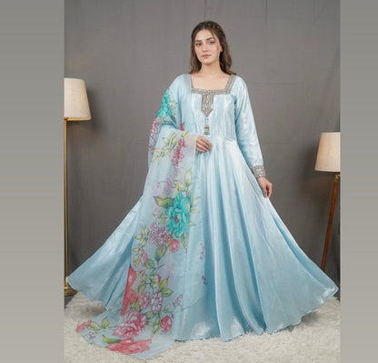 Raw silk frock with prined organza dubatta