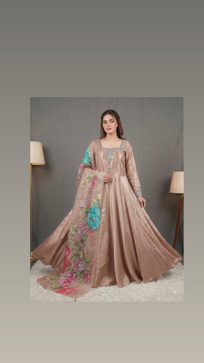 Raw silk frock with prined organza dubatta