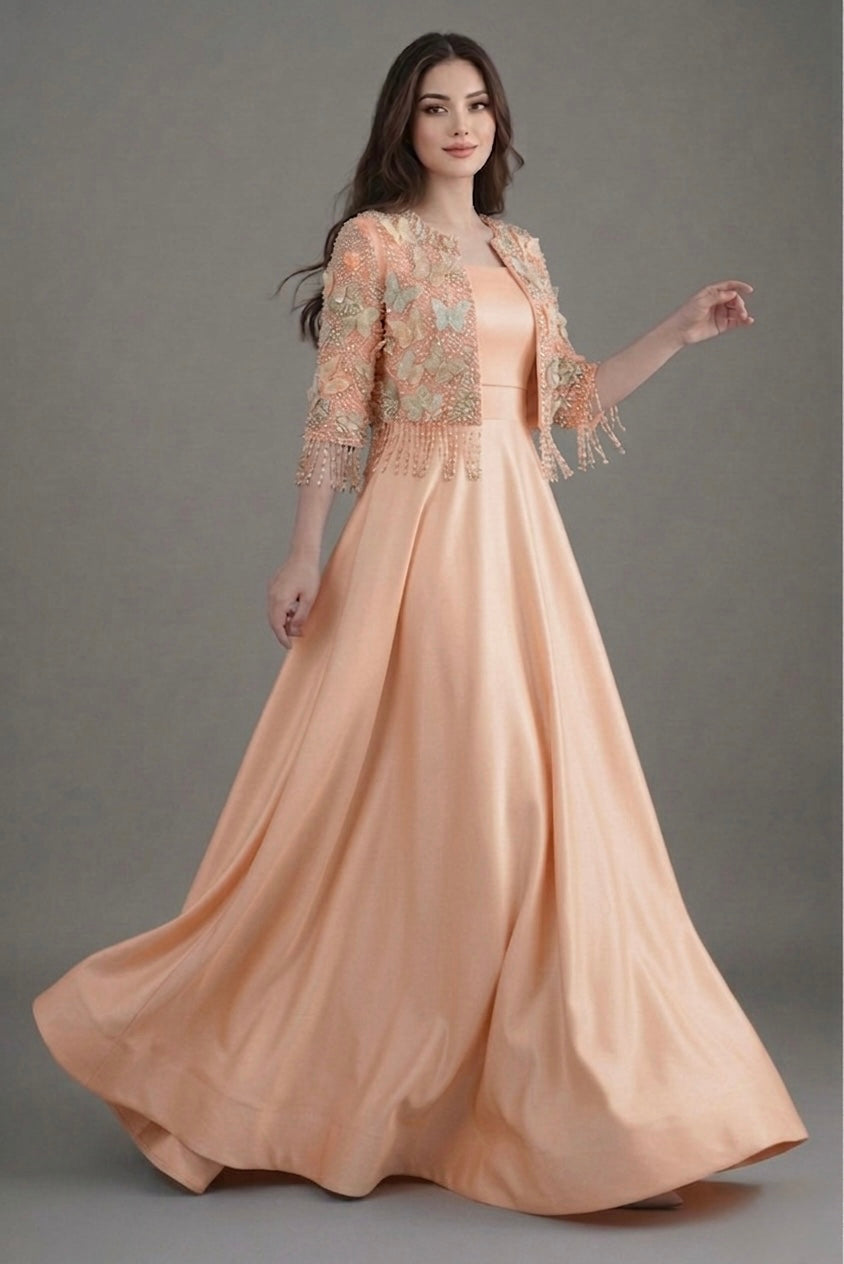 3d embroiderd jacket with raw silk maxi