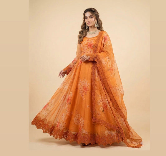 3 piece anarkali frock printed organza