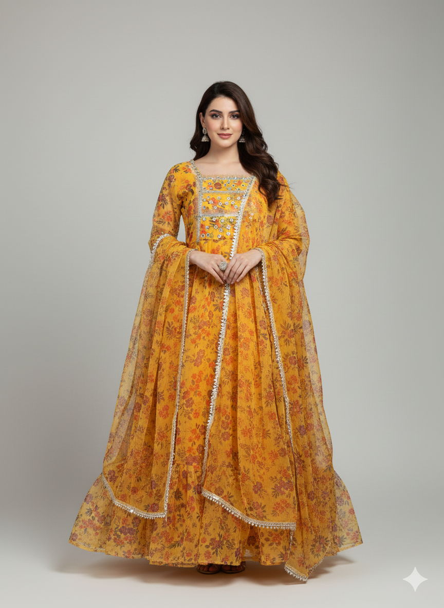 Yellow printed anarkali frock