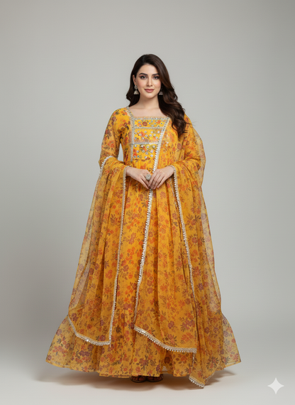 Yellow printed anarkali frock