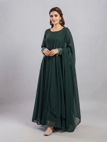 Bottle green chiffon frock