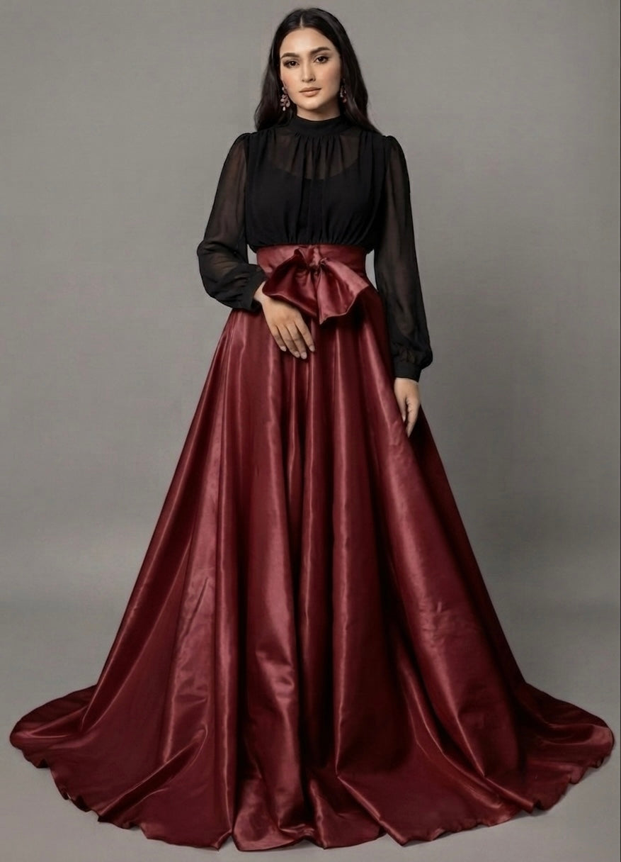 Skirt blouse maroon silk and chiffon