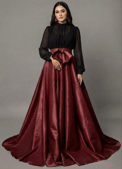 Skirt blouse maroon silk and chiffon