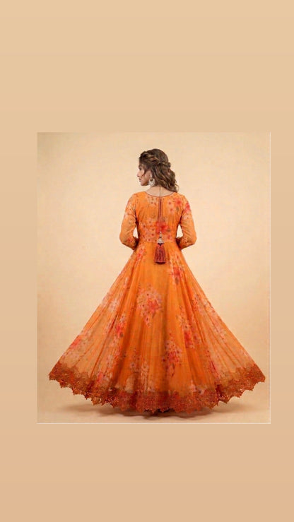 3 piece anarkali frock printed organza