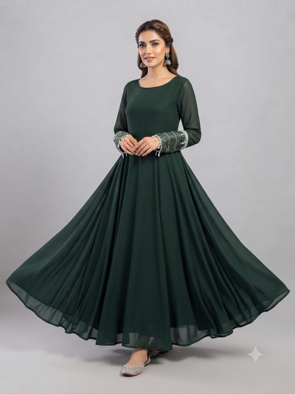 Bottle green chiffon frock