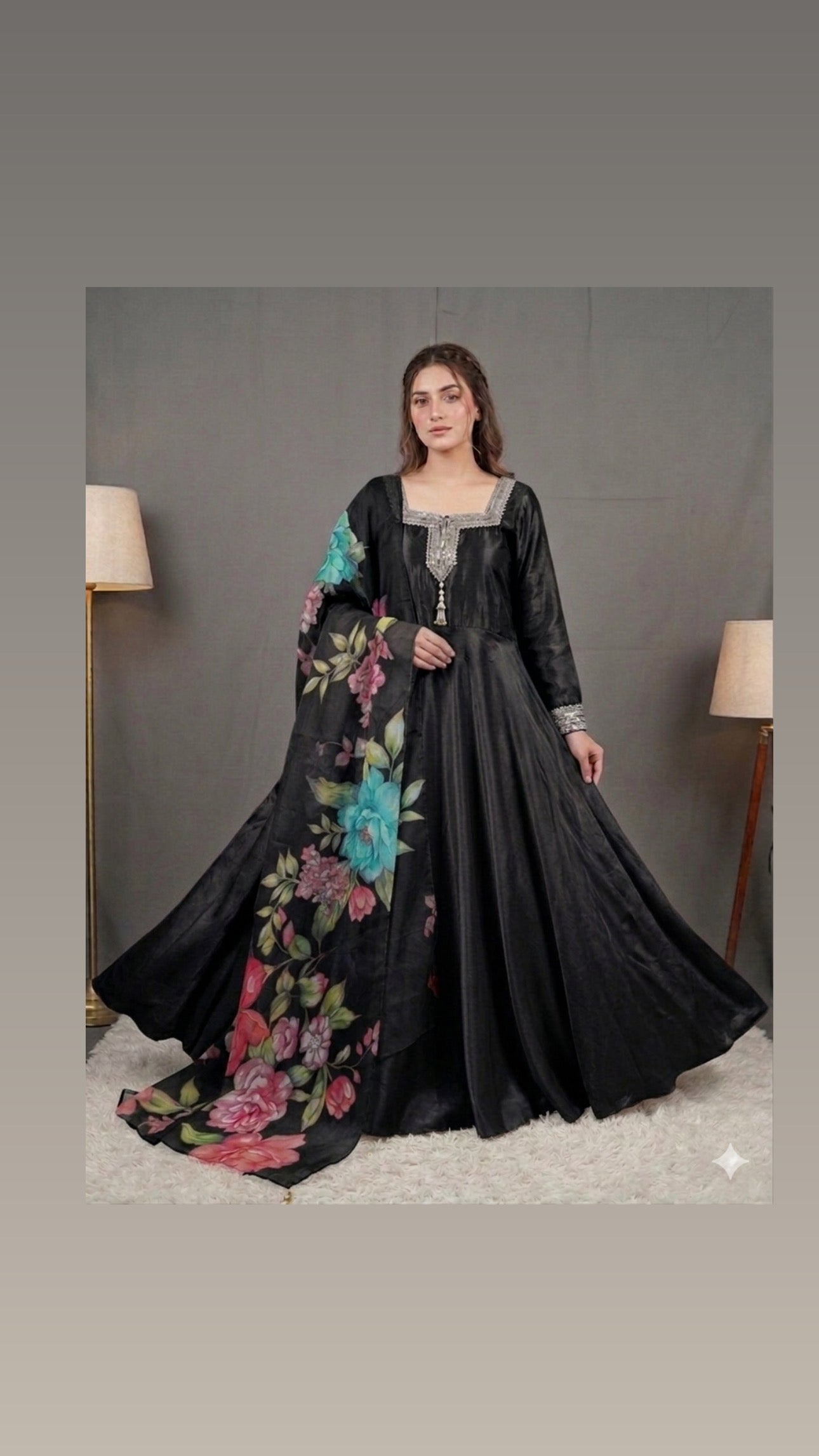 Raw silk frock with prined organza dubatta