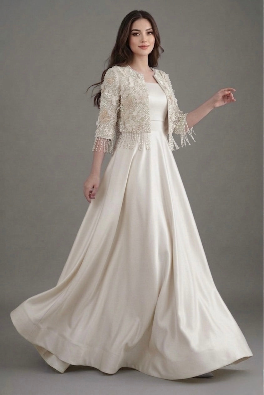 3d embroiderd jacket with raw silk maxi