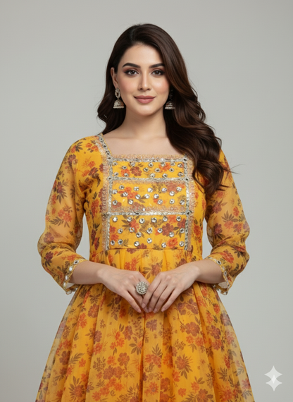 Yellow printed anarkali frock