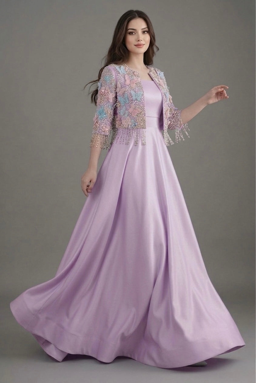 3d embroiderd jacket with raw silk maxi