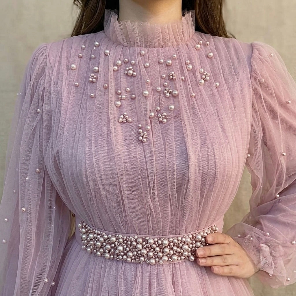 Dusty pink net maxi dres
