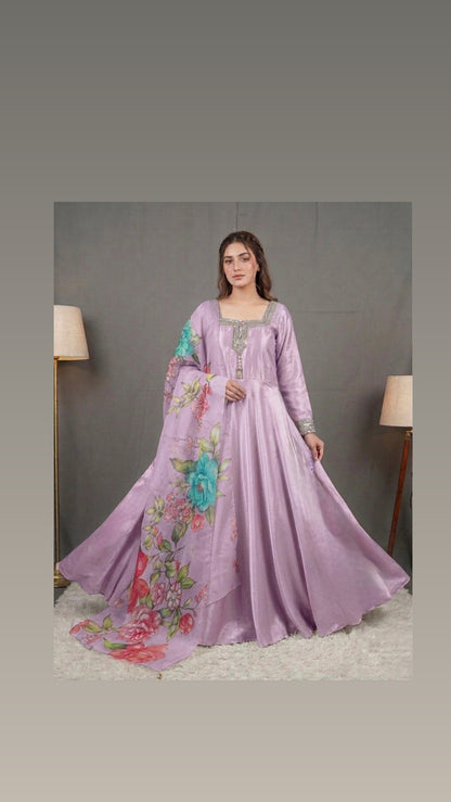 Raw silk frock with prined organza dubatta