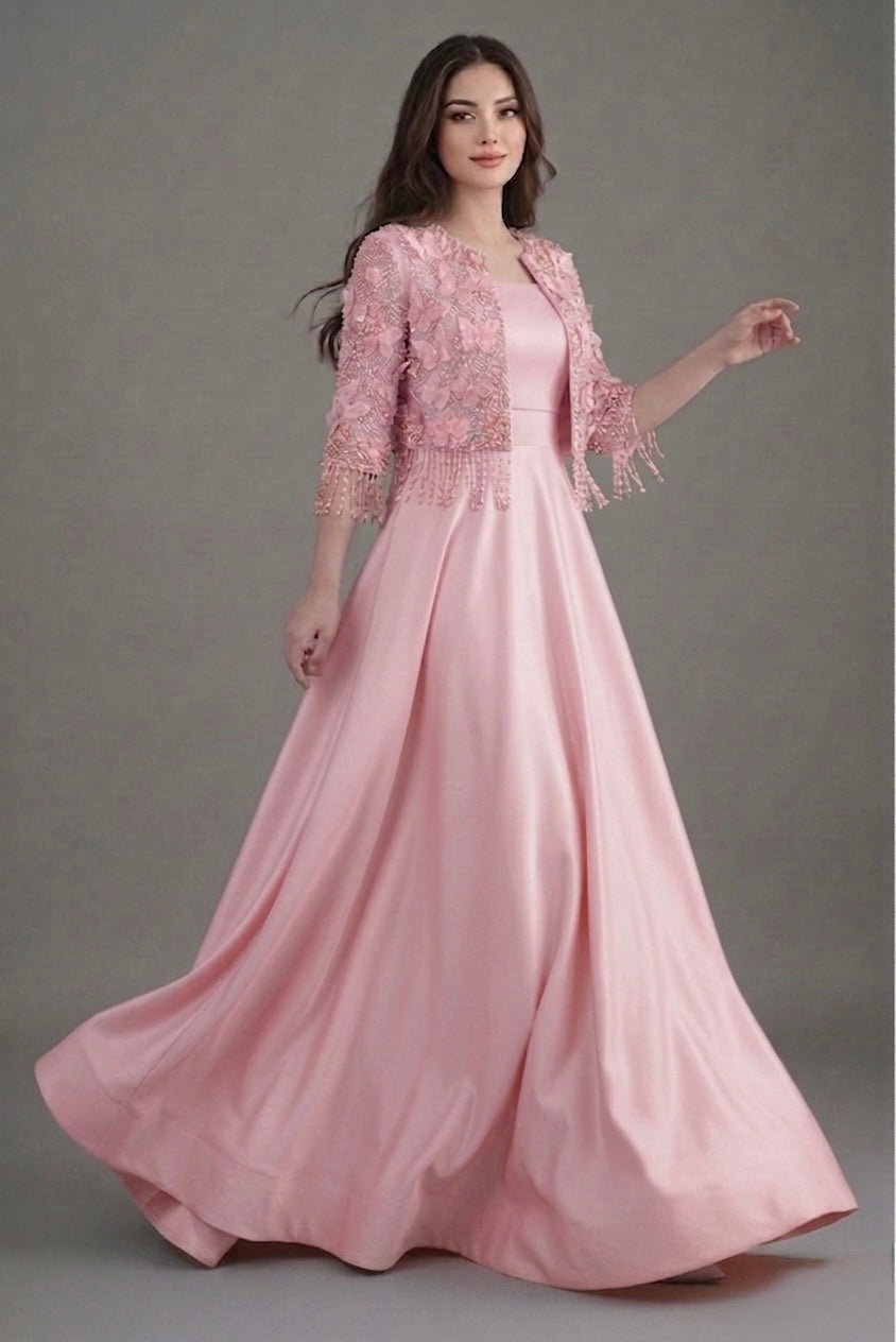 3d embroiderd jacket with raw silk maxi