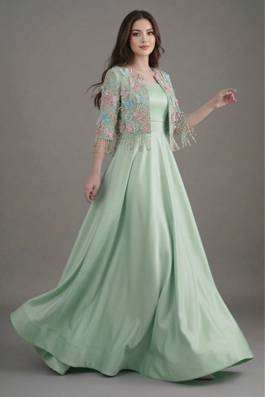 3d embroiderd jacket with raw silk maxi