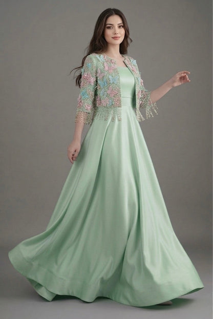 3d embroiderd jacket with raw silk maxi