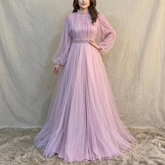 Dusty pink net maxi dres
